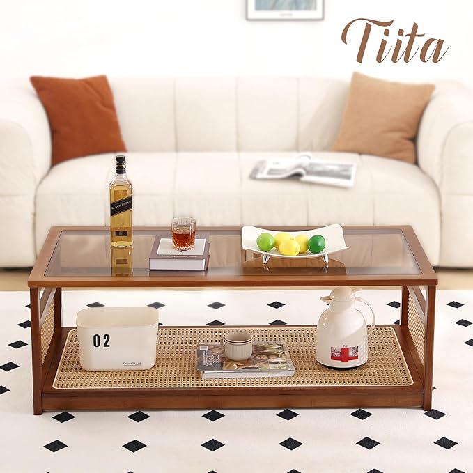 Tiita Coffee Tables for Living Room，Mid Century Modern Storage 2-Tier Coffee - Image 5