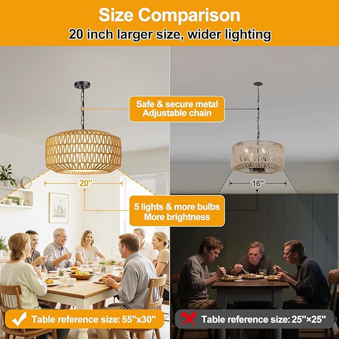 Farmhouse Chandelier Light Fixture, 5-Light Rattan Boho Chandeliers - Image 5