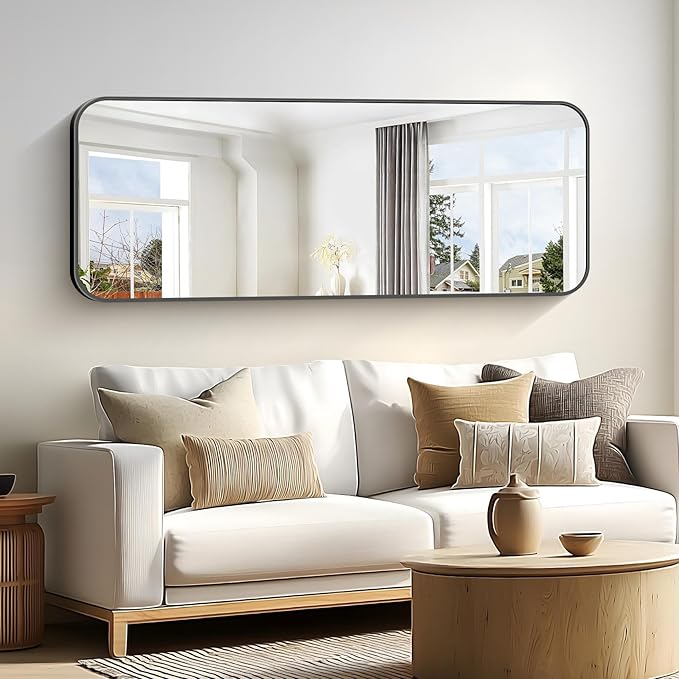 Bathroom Mirror, 60 x 24 inch Metal Framed Black Rectangle Mirror, Rounded - Image 2