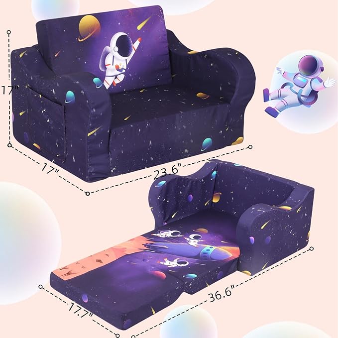 Astronaut Kids Sofa, 2-in-1 Kids Couch Fold Out, Convertible Sofa to Bed - Image 3