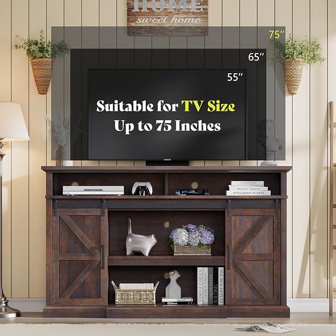 66" Farmhouse TV Stand for 75 Inch TVs, Rustic Media Console Table Storage - Image 3