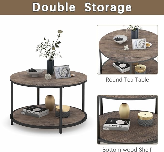 Round Coffee Table, Rustic Wooden Surface Top & Sturdy Metal Legs Industrial - Image 4