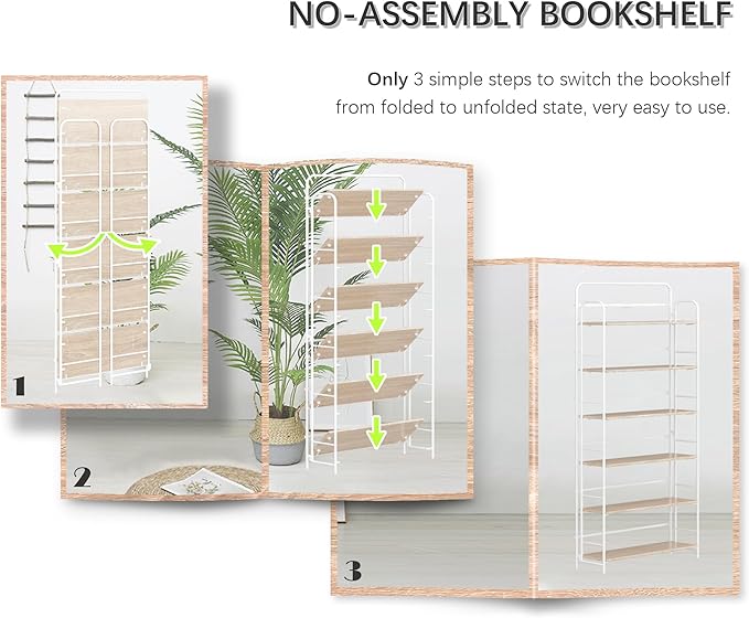 4NM No Assembly Folding Bookshelf 6 Tiers Vintage Industrial White Book Shelf - Image 6