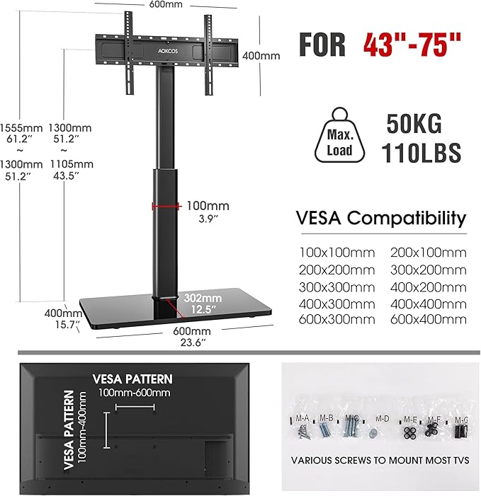 Swivel TV Floor Stand for 43-75 Inches TVs, 10 Level Height Adjustable Corner - Image 8