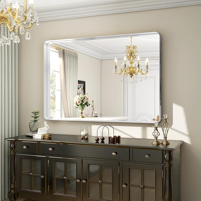 Silver Bathroom Mirror for Wall, 40x30 Inch Rectangular Aluminum Alloy Framed - Image 5