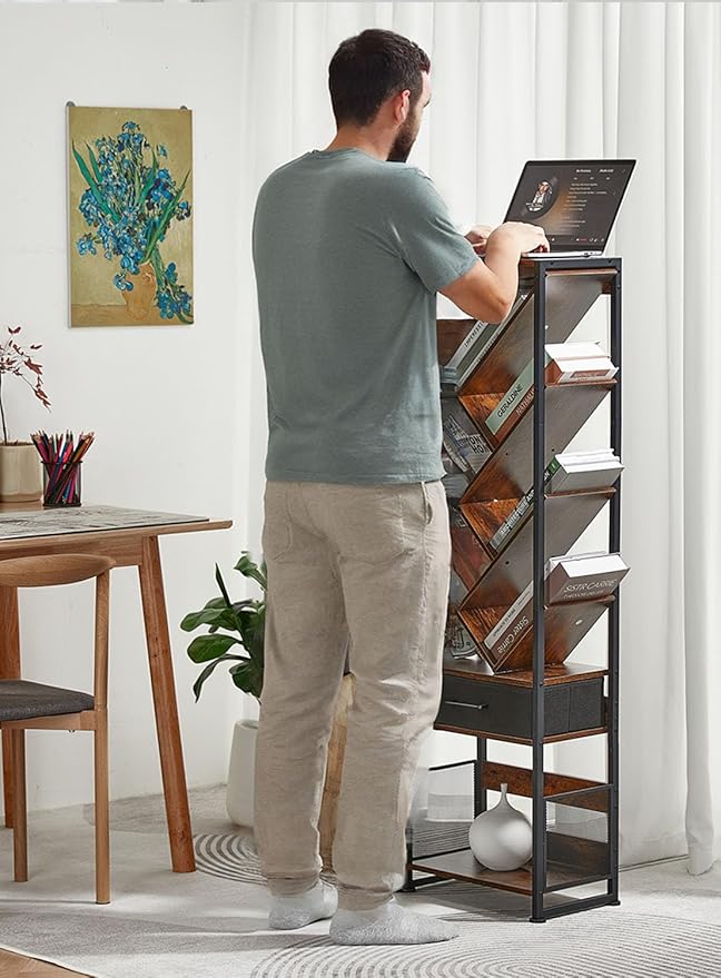 Bookshelf with Drawer, 10 Tier Tree Bookcase Retro Floor Standing Bookshelves - Image 8