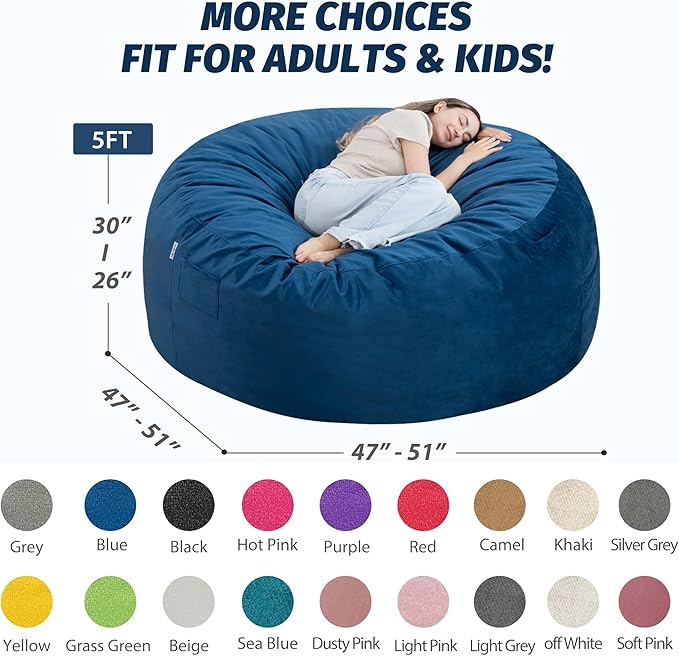 5FT Bean Bag Chair with Ultra Soft Velvet Cover Bean Bag Sofa with Memory Foam - Image 2