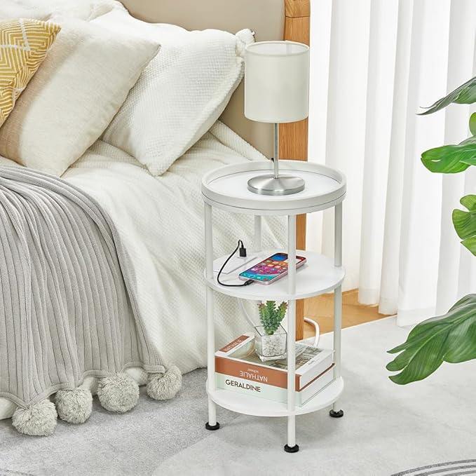 Small Round End Table with Charging Station, 3-Tier Accent Couch Beside Table - Image 8