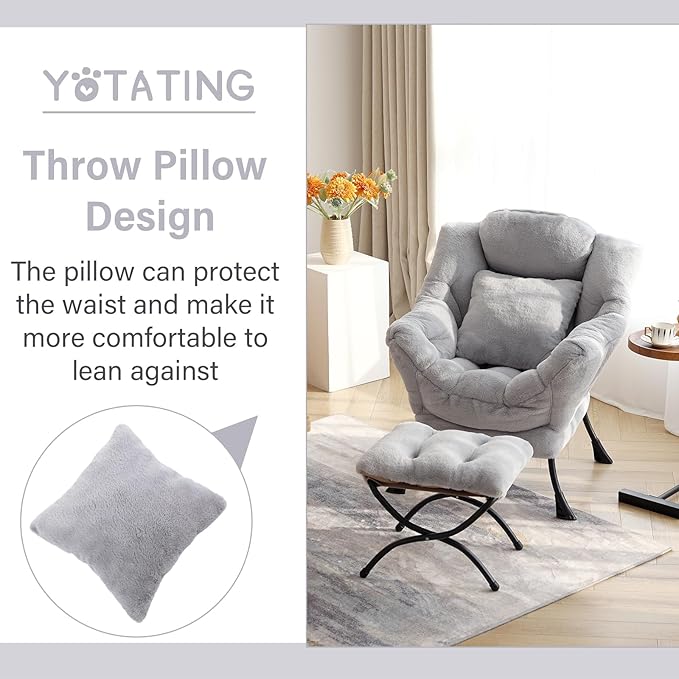 Lazy Chair with Ottoman, Comfy Reading Lounge Chair with Footstool & Throw - Image 9