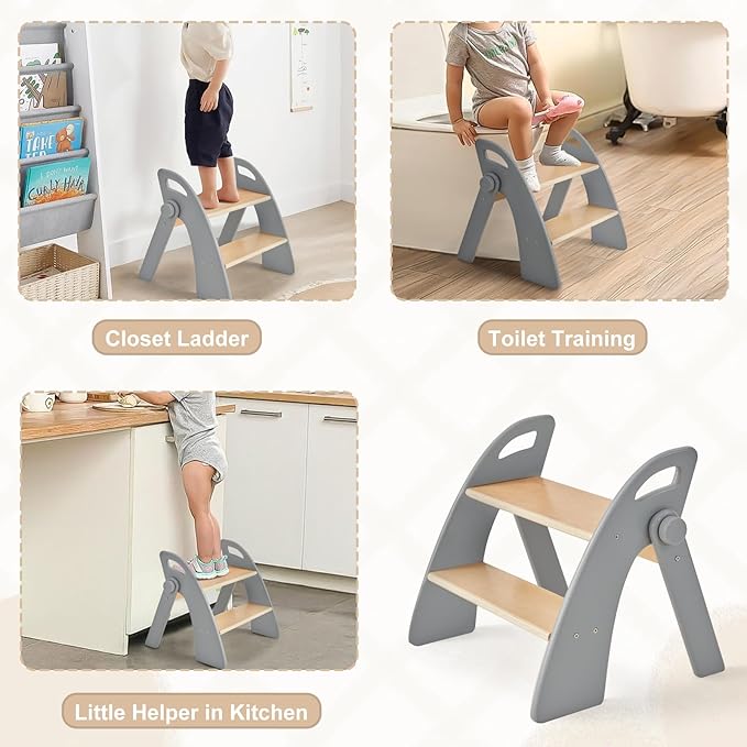 Wooden 2 Step Stool for Kids Bathroom Sink Foldable Anti-Slip 2-Step for Toilet - Image 2