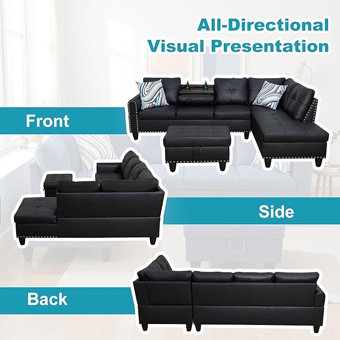 Couches for Living Room Faux Leather L Shaped Couch Comfy 3 Pieces Sectional - Image 6