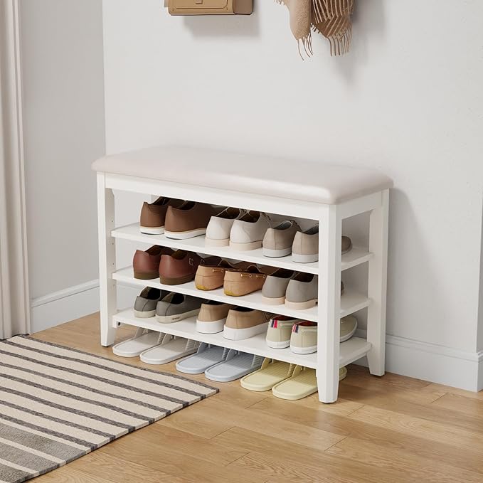 Shoe Bench with Leather Cushion, 3 Tiers Shoe Storage Bench Height Adjustable by AQIMUELE-Solidwoodfurniture
