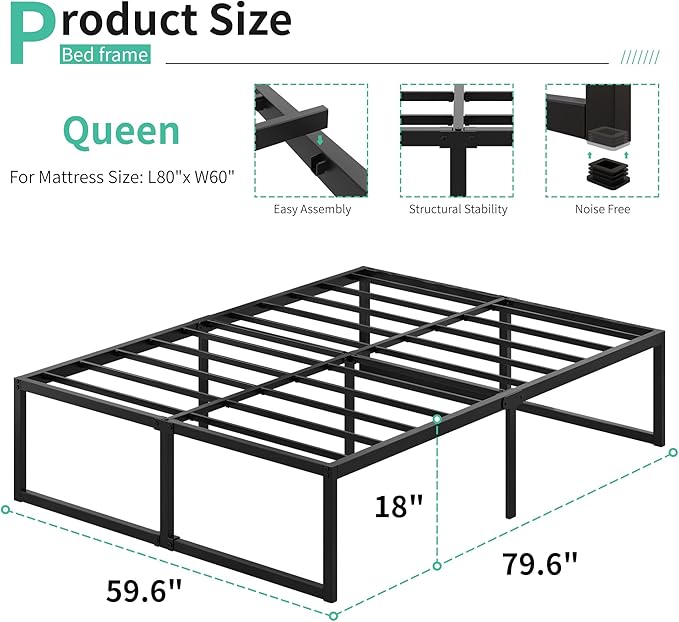 18 Inch Queen Bed Frame Heavy Duty Steel Slat Support Metal Queen Size Platform - Image 2