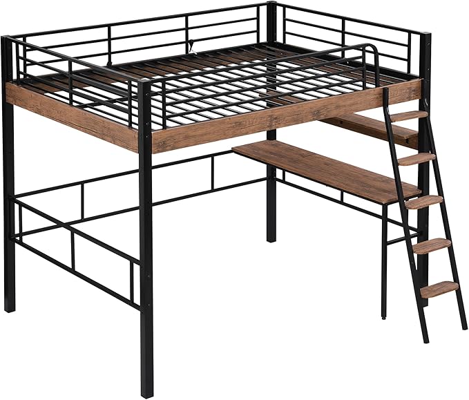 Metal Full Size Loft Bed with Built-in Desk, Storage Shelf and Ladder, - Image 7