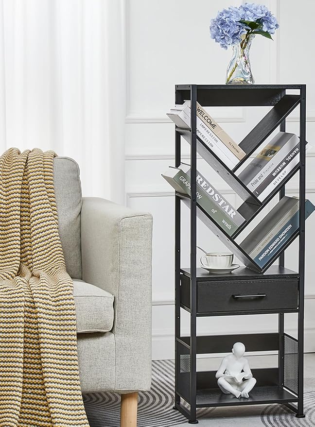 Bookshelf with Drawer, 8 Tier Tree Bookcase Retro Floor Standing Bookshelves - Image 8