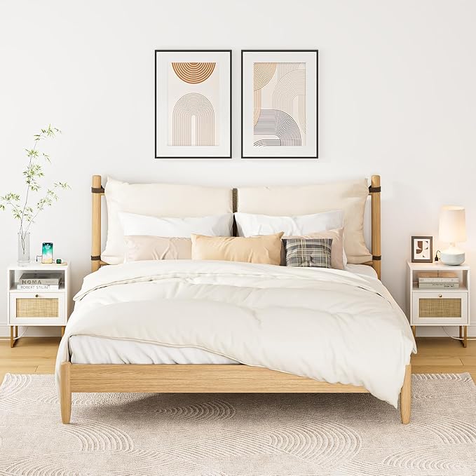 Rattan Nightstand with Charging Station, Boho Night Stand Farmhouse Wood - Image 6