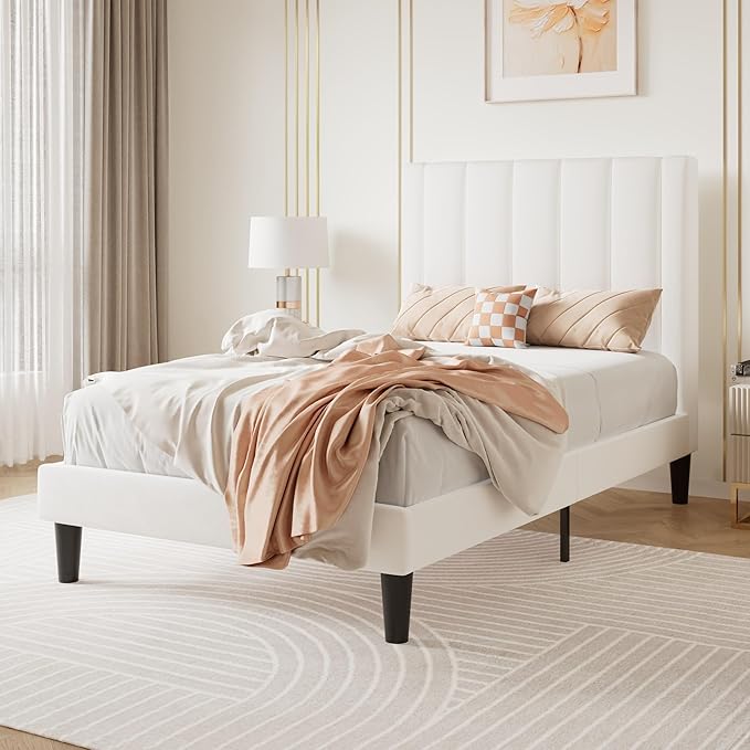 SHA CERLIN Twin Bed Frame/Velvet Upholstered Platform Bed Frame - Image 3