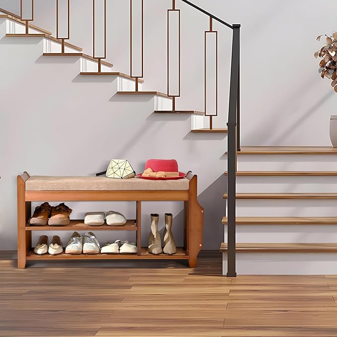 Shoe Storage Bench for Entryway, Bamboo Entryway Bench - Image 6