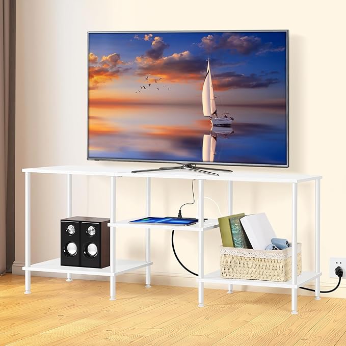 BTY White TV Stand with Storage, Wood Entertainment Center with Power Outlet - Image 8