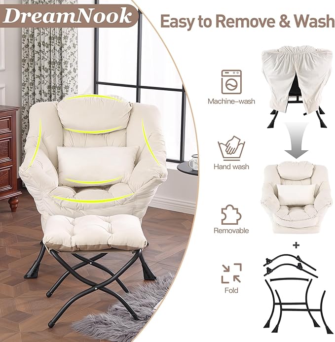 Lazy Chair with Ottoman, Modern Accent Chair with Lumbar Pillow, Comfy Chairs - Image 7
