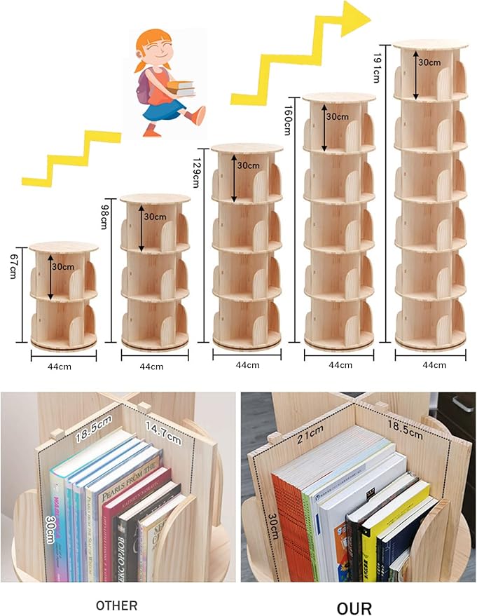Rotating Bookshelf 360 Degrees, 4 Tier Stackable Solid Wood Bookshelf Organizer - Image 5