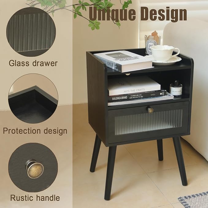 AWASEN Black Nightstand with Charging Station, Modern Bedside Table with Glass - Image 4