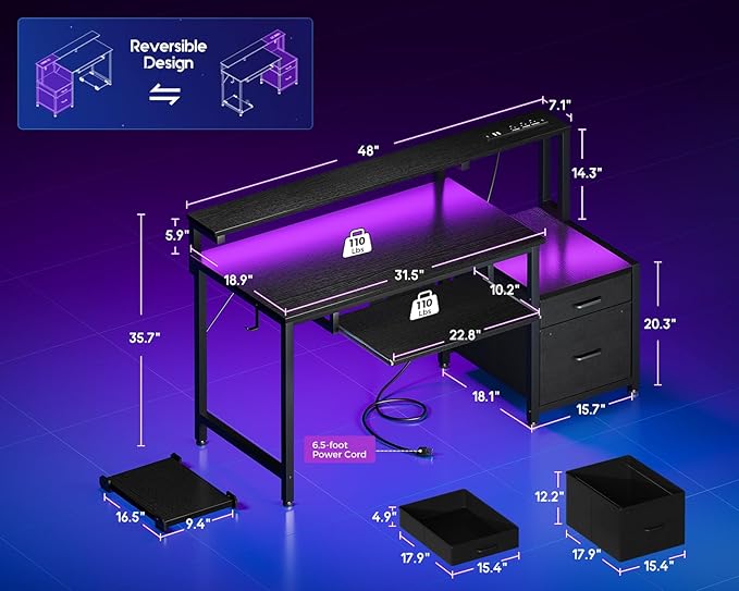 AODK Computer Desk with Drawers and Keyboard Tray, Reversible Study Work Desk - Image 3