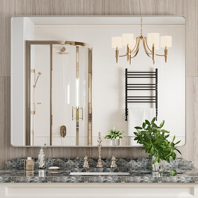 Brushed Nickel Bathroom Mirror 48x36 Inch, Brushed Silver Metal Frame Mirror - Image 2