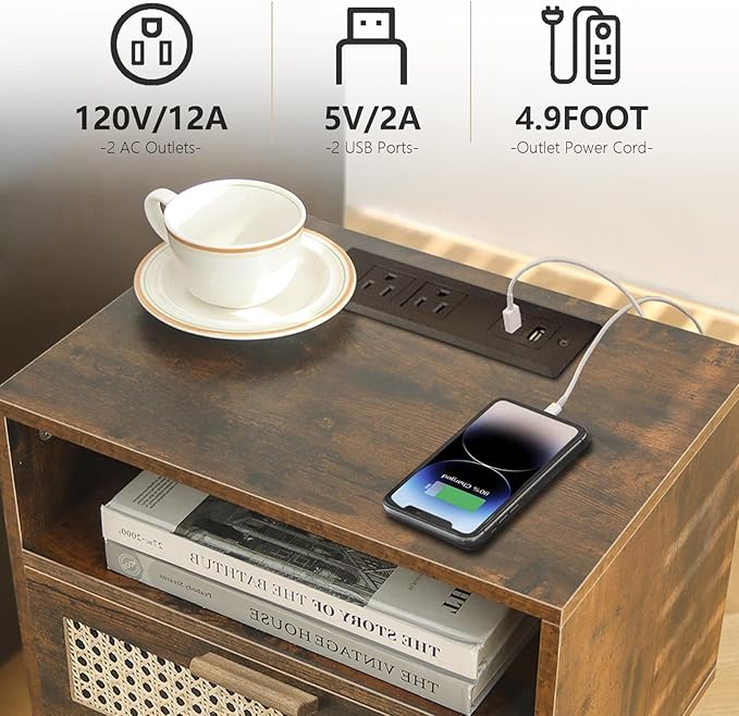 MaxSmeo Small Nightstand with Charging Station, Rattan Side Table Mid Century - Image 4