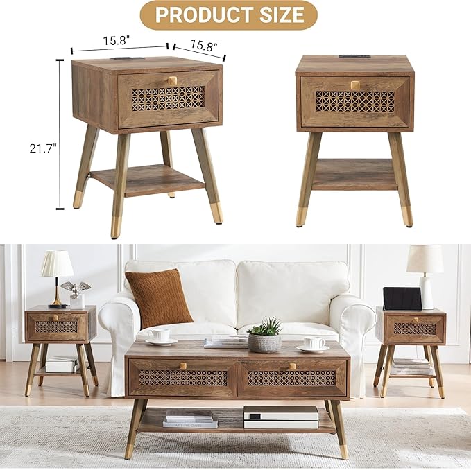 Boho Style Living Room Side Table, Wood End Table - Image 2