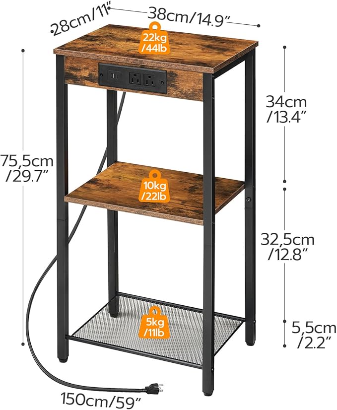 HOOBRO Tall End Table with Charging Station, 30 Inch Tall Nightstand, 3-Tier - Image 3