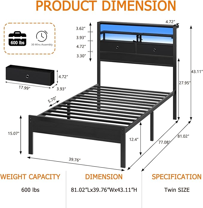Furnulem Twin Bed Frames with Charging Station and LED Lights, Wood Headboard - Image 2