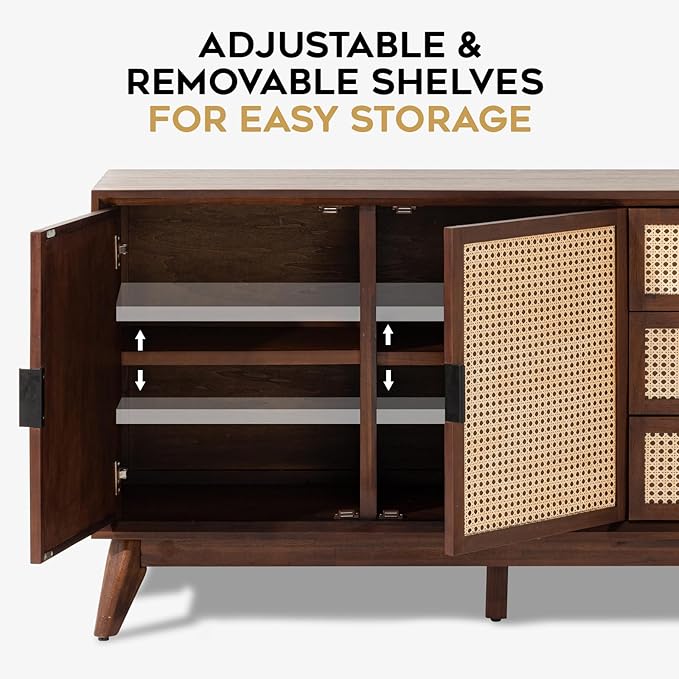 Bme Jasper Sideboard with 3 Drawers & 2 Rattan Doors, Buffet Cabinet with - Image 3