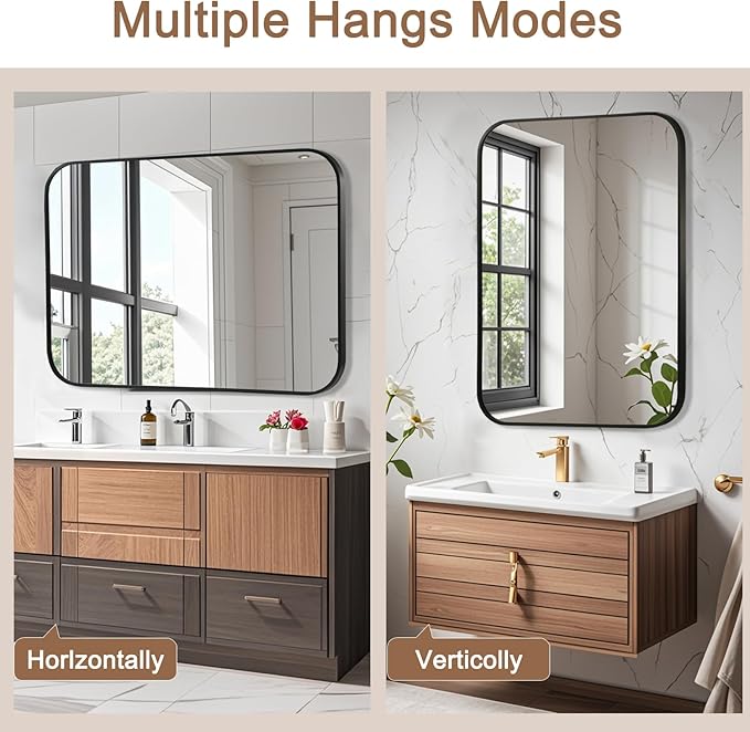 Matte Black Mirror, Metal Frame Rectangle Corner Vanity Mirror, Wall Mounted - Image 7