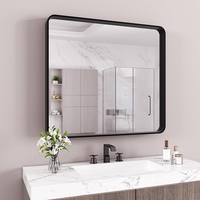 Black Bathroom Mirror 40X36 Inch, Rounded Rectangle Matte Bathroom Vanity Mirror - Image 8
