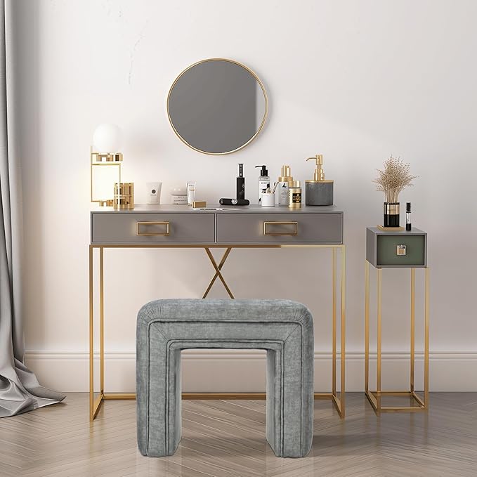 Get Set Style Vanity Stool Chair, Modern Velvet Ottoman Foot Stool - Image 2