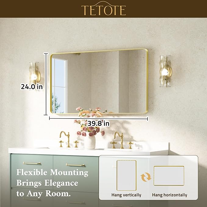 TETOTE Brushed Gold Bathroom Mirror 40 x 24 Gold Metal Framed Bathroom Mirror - Image 7