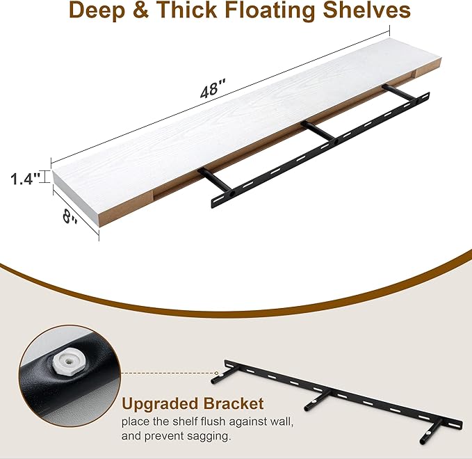 White Floating Shelves 48 Inch Long, 8 Deep Floating Shelves - Image 3