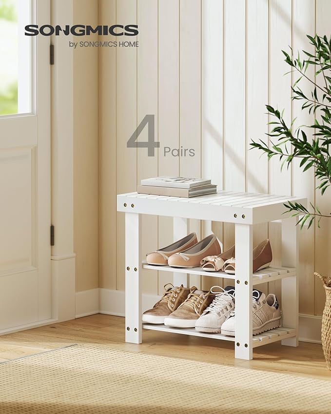 SONGMICS Shoe Rack Bench, 3-Tier Bamboo Shoe Storage Organizer, Entryway Bench - Image 3
