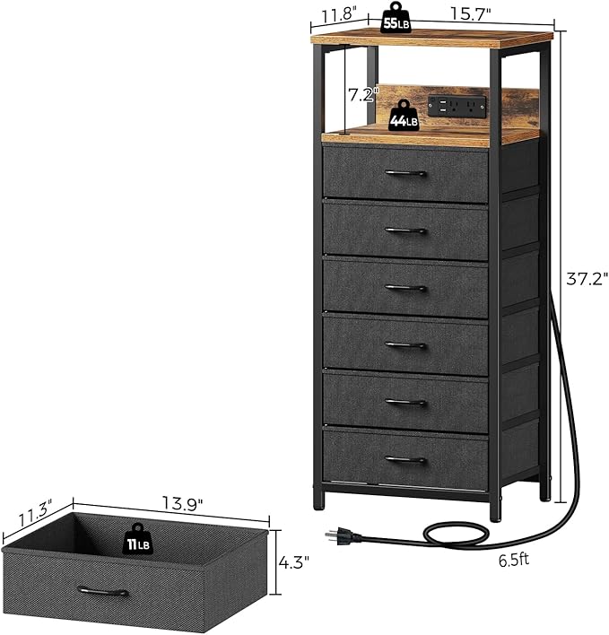 Seventable Night Stand with Charging Station, Tall Nightstand with 6 Fabric - Image 3