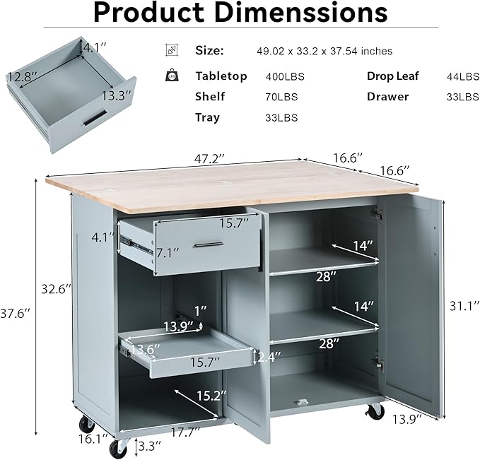 49" Kitchen Island with Foldable Counter Top, Kitchen Storage Cart W/Slide-Out - Image 2