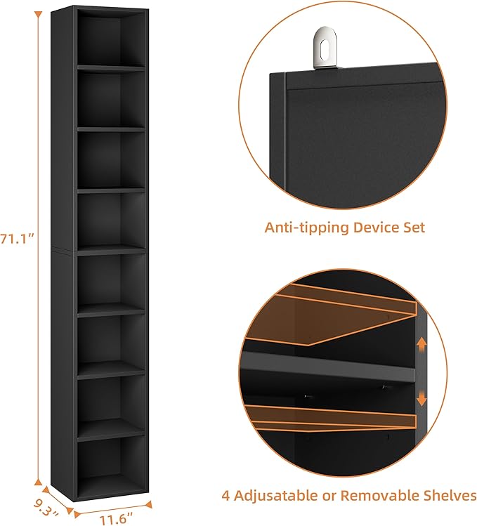 Bamjoy 71 Inches Tall Narrow Bookcase, 8-Tier Slim CD DVD Media Tower Rack - Image 3