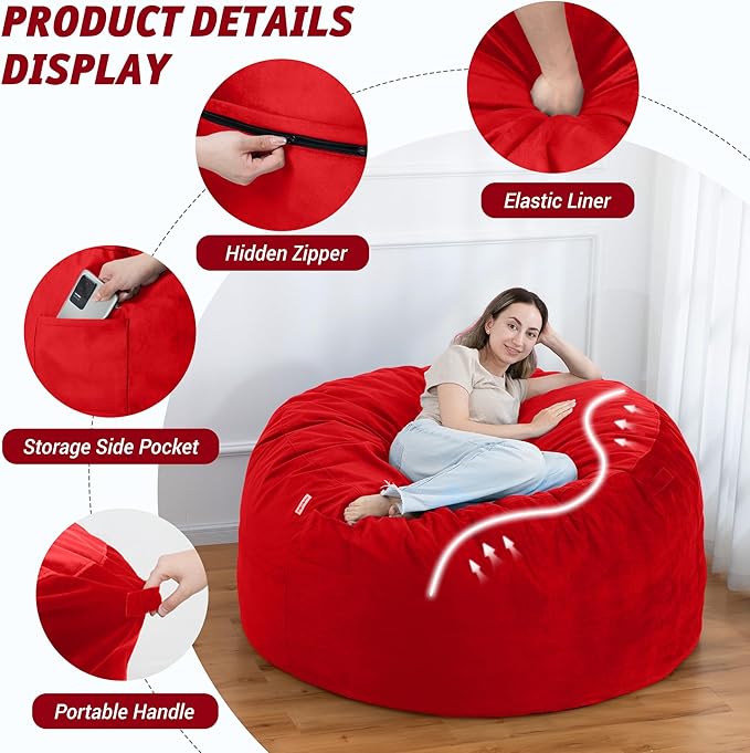 5FT Bean Bag Chair with Ultra Soft Velvet Cover Bean Bag Sofa with Memory Foam - Image 4
