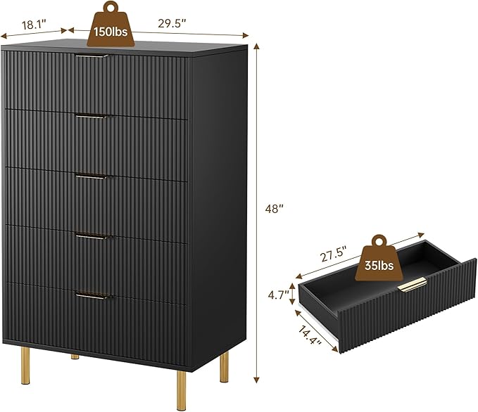 GarveeHome Black Dresser, Modern 5 Drawer Dresser - Image 2