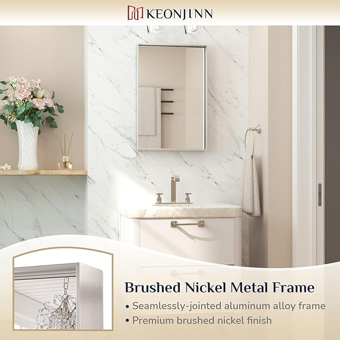Keonjinn 16 x 24 in Brushed Nickel Bathroom Mirror, Rectangular Metal Framed - Image 9