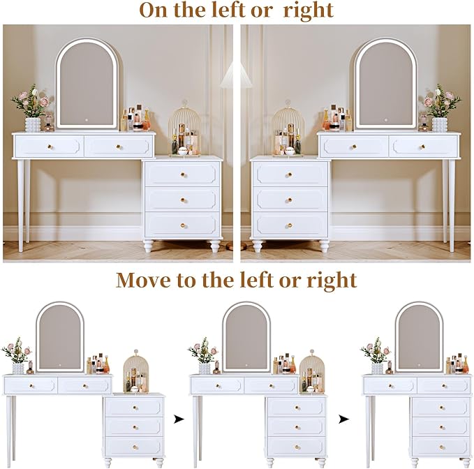 White, Vanity Desk with Mirror and Lights, Makeup Vanity with Power Outlet and - Image 7