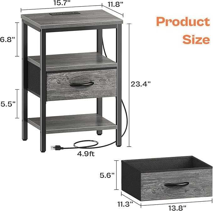 SUPERJARE Nightstand with Charging Station, Bed Side Table with Adjustable - Image 7