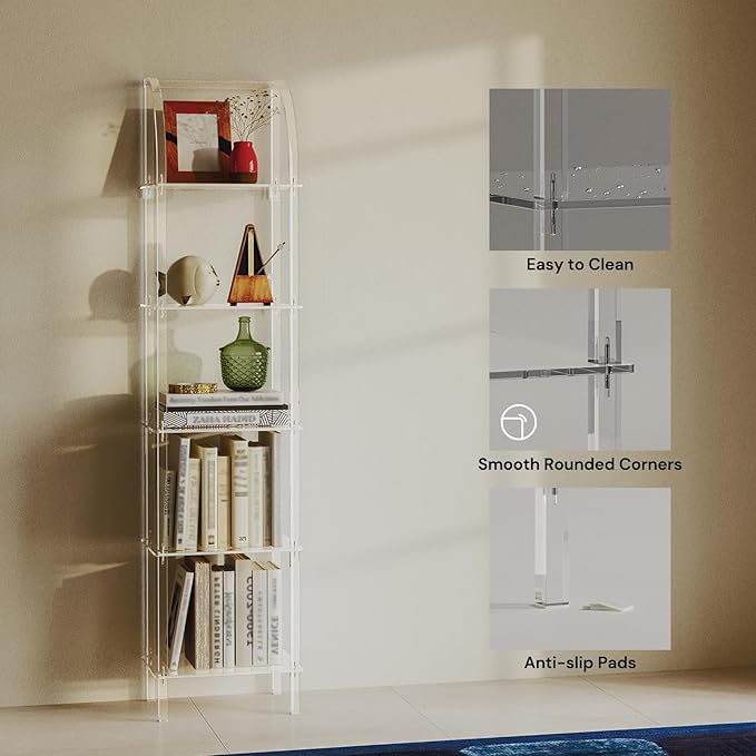 5-Tier Acrylic Arched Bookcase, Square Legs, 13.8''W x 11.8''D x 59.6''H - Image 5