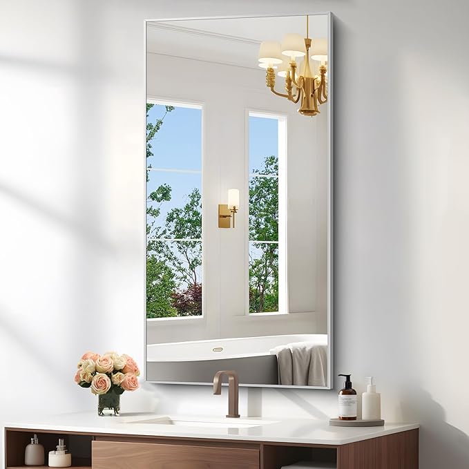 KOCUUY 24x48 Inch Large Silver Wall Mounted Mirror, Brushed Nickel Framed by KOCUUY