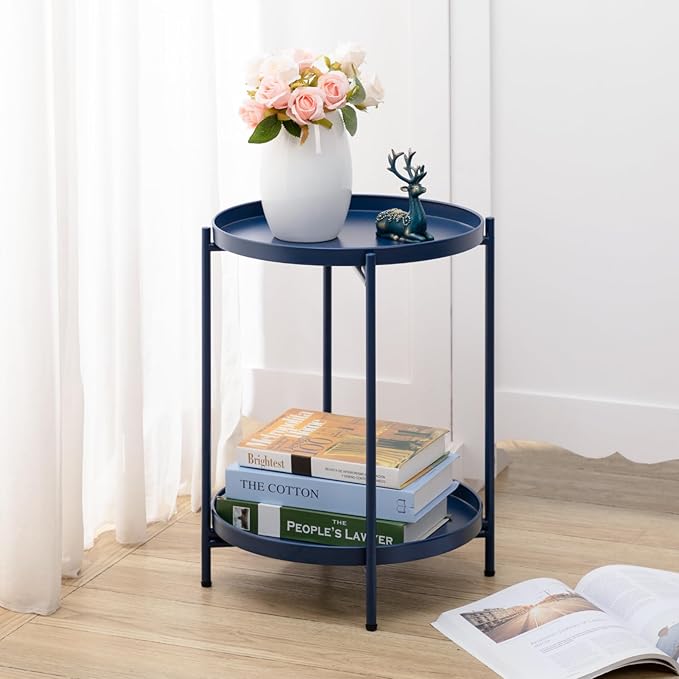 HollyHOME 2-Tier Round Side Table, Outdoor Small Folding Accent Stand - Image 2